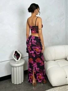 SHEIN BAE Elegant Vacation Mesh Floral Printed Crop Cami Top & Skirt Set - Black - View 2