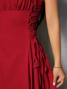 SHEIN PETITE Ladies Summer Solid Color Waist Tie Pleated Long Simple Elegant Spaghetti Strap Dress