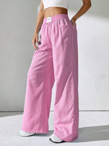 SHEIN EZwear Quần ống rộng họa tiết kẻ sọc thông thường dành cho nữ - Hồng - Xem 3