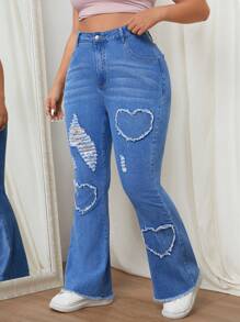 SHEIN EZwear Quần jean trơn màu cỡ lớn có túi và nút - Màu xanh lam - Xem 6