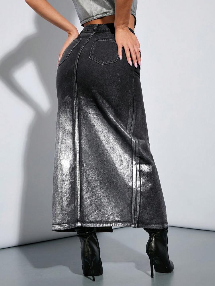 Washed Gray Gradient Metallic Denim Long Skirt&Music Festival