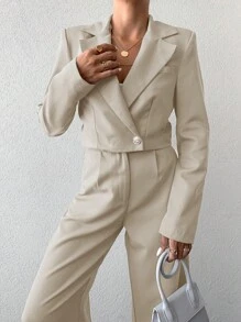 EURMUSE Women Short Blazer Collar Work Wear Jacket With Matching Suit Pants - Suit Set - Beige - View 4