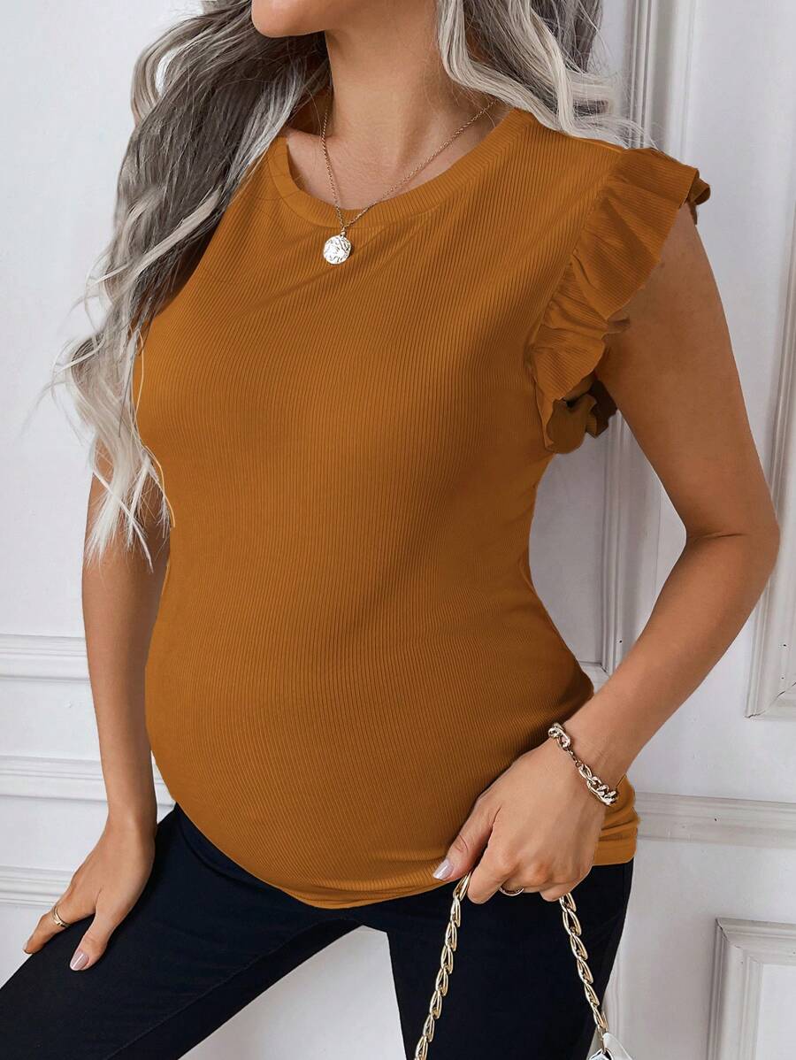 SHEIN Maternity Round Neck Solid Color Simple And Versatile Spring/Summer T-Shirt - Brown - View 1