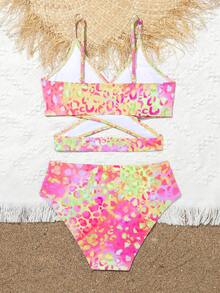 Tween Girl Swimwear Set, Colorful Leopard Print Bikini Set, Spring/Summer Crossed Two-Piece Swimwear Summer Beach - Hot Pink - View 2