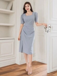 DAZY Sukienka letnia z kwadratowym dekoltem, dopasowana do talii, elegancka, na wesele