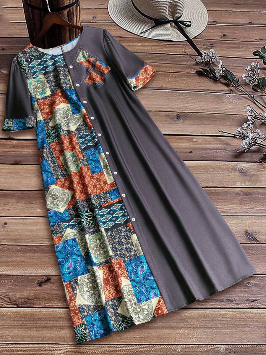 SHEIN LUNE Váy chắp vá in hình mùa hè cỡ lớn - Nhiều màu - Xem 1