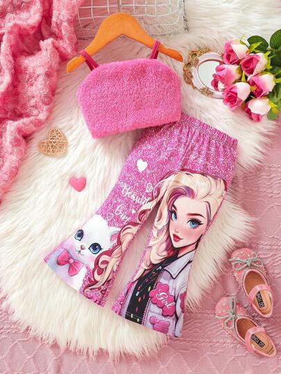 Baby Mädchen 2-teiliges Set im lässigen Street-Style: Plüsch-Camisole mit lustigem Musteraufdruck und ausgestellte Hose, ideal für Frühlings- und Sommerausflüge