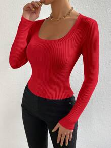Chiquease Women Ribbed Round Neck Rib Knit Sweater, Elegant Red Color For Valentine's Day, Knit Pullover Fall Winter - Red - View 5