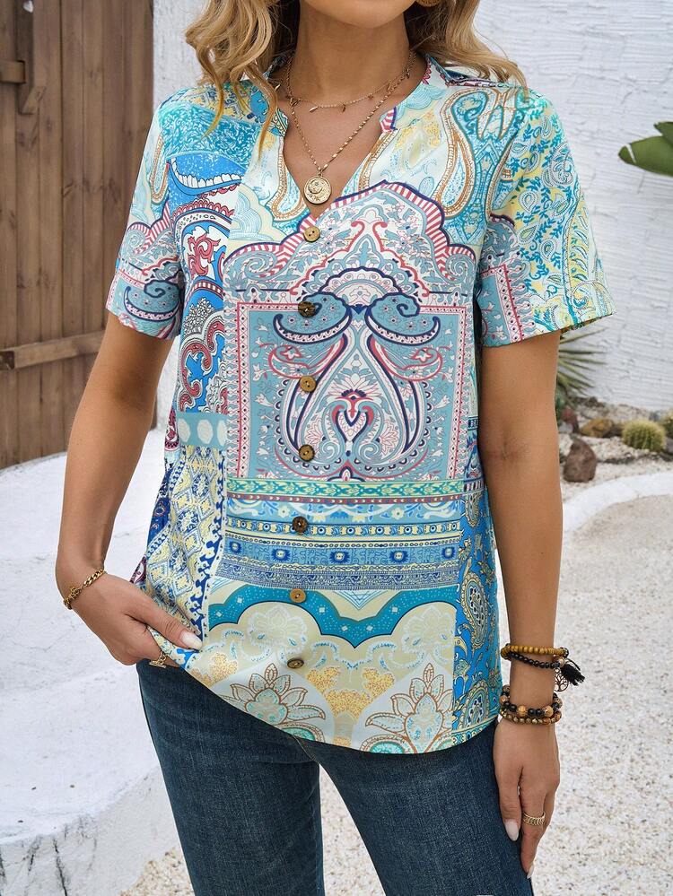 Vintage Print Notched Collar Short-Sleeve Shirt For Vacation And Leisure