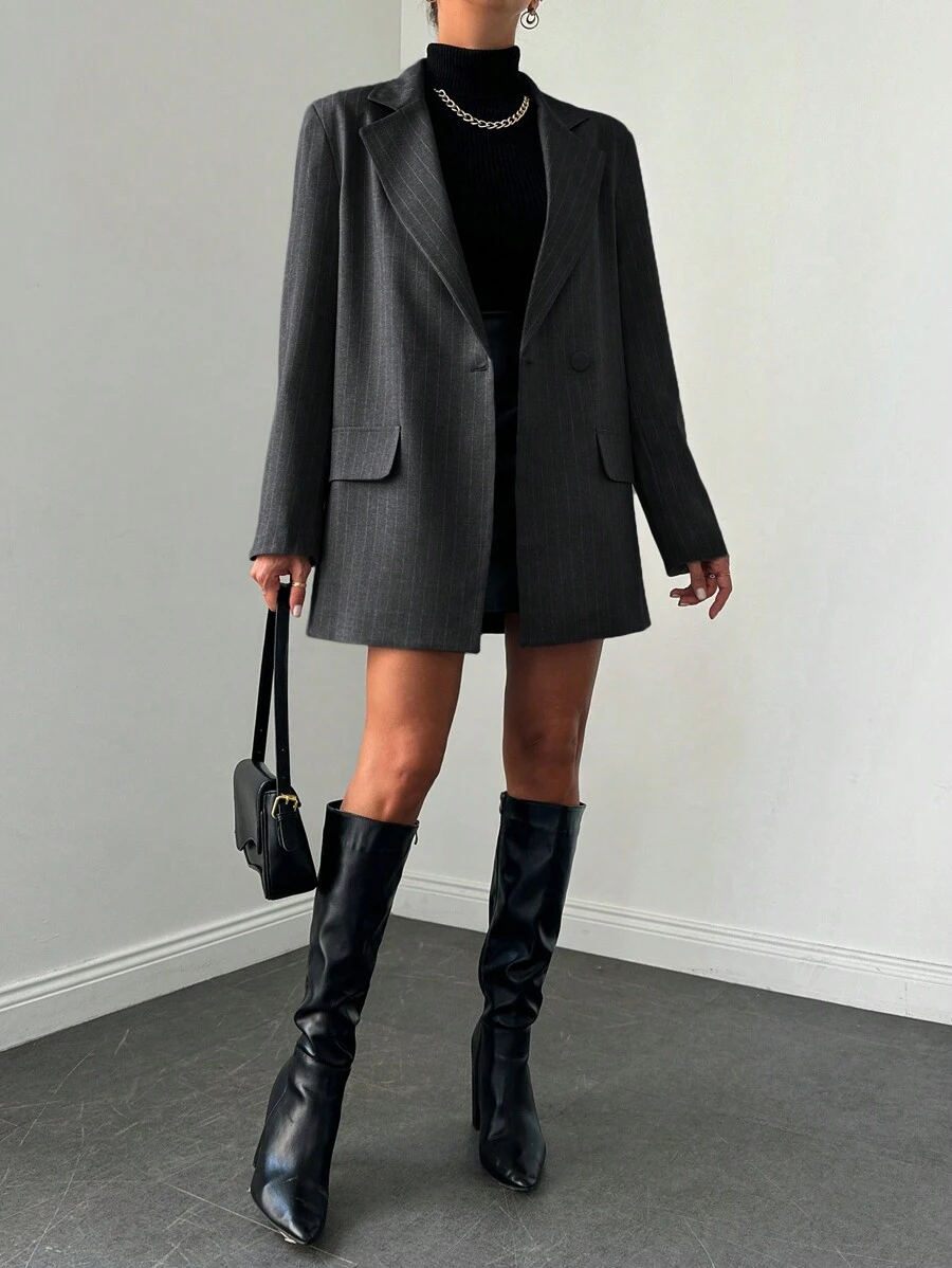 SHEIN Women's Striped Lapel NeckLong Sleeve Single-Button Casual/Work Blazer