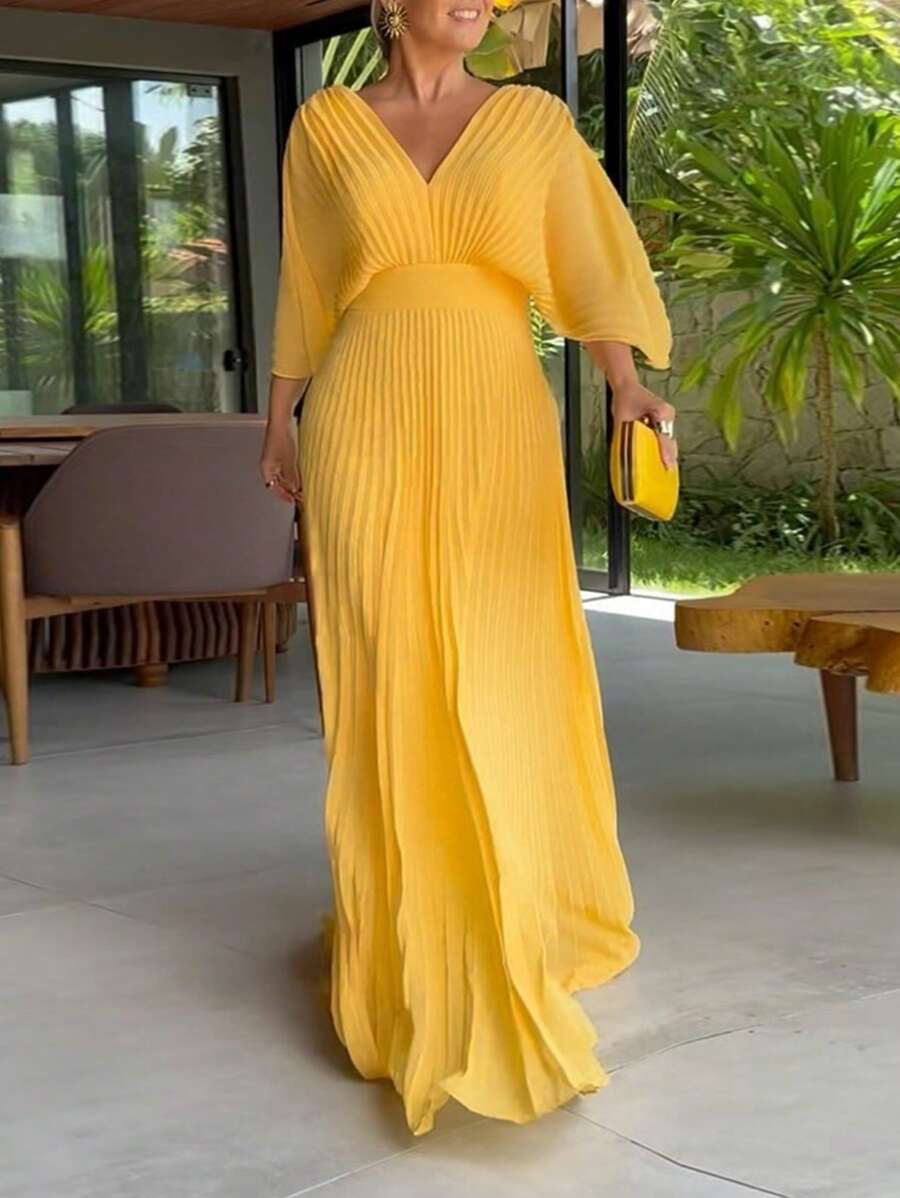 SHEIN Clasi Kỳ nghỉ giải trí tay áo cánh dơi màu trơn eo tập hợp váy dài xếp li - Màu vàng - Xem 1