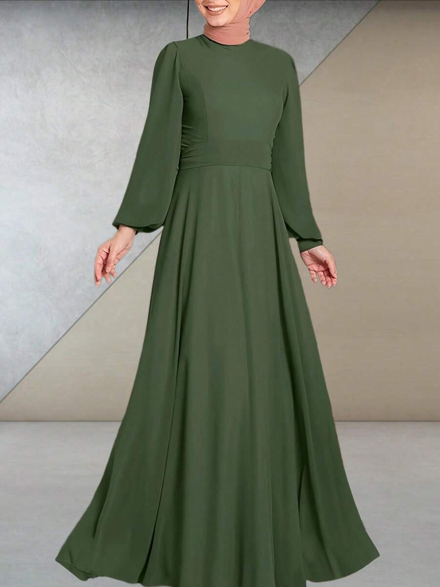 Stand Collar Long Sleeve Cinched Waist Solid Color Tie-Up Long Dress - Army Green - View 1