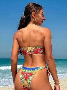 SHEIN Swim Conjunto de Bikini de Verano Estilo Vacacional con Estampado Integral sin Tirantes y sin Espalda
