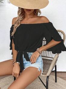 Breezaya Women Spring-Summer Solid Color Off Shoulder Bell Sleeve Loose Shirt With Tied Hem - Black - View 5