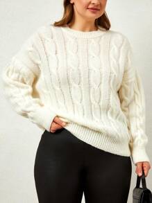 RueChic Cable Knit Drop Shoulder Sweater - White - View 1