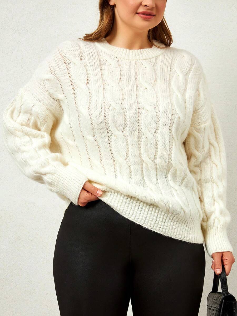 RueChic Cable Knit Drop Shoulder Sweater - White - View 1