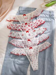 PetitDoll PetitDoll 5pcs Cute Printed Mesh Breathable Ruffled Sexy Thongs Panties Lingerie