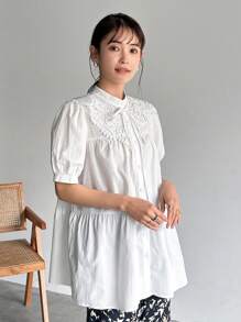 FRIFUL Women Summer Elegant Solid Color Shirt With Lace Collar, Short Puff Sleeve And Tie-Up Front,Ruffle