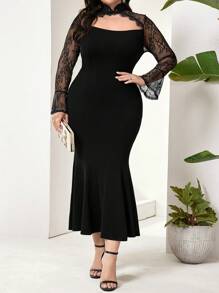 Modelyn Plus Size Spring/Summer Elegant Solid Color Lace Splice Hollow Out Slim Fit Mermaid Dress - Black - View 4
