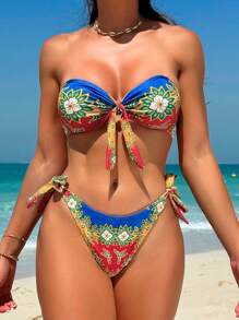 SHEIN Swim Conjunto de Bikini de Verano Estilo Vacacional con Estampado Integral sin Tirantes y sin Espalda