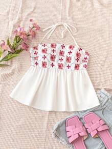Soleia Blusa de tirantes holgada de verano para mujer con diseño de flores y cuello Halter con volantes y lazo en el cuello