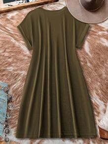 EMERY ROSE Casual Sunflower Pattern Round Neck Short Sleeve Cropped Loose Summer Dress For Women Suitable For Going Out Chic Dress - Army Green - View 2