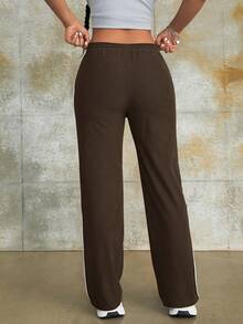 Street Style Elastic Drawstring High Waist Letter Print Corduroy Side Pocket Wide Leg Casual Pants, Comfortable Daily Wear - Coffee Brown - View 3