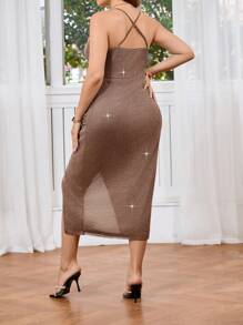 SHEIN Frenchy Damska sukienka plus size seksowna plisowana sukienka z rozcięciem na ramiączkach sukienki na ukończenie szkoły obcisła sukienka czarna sukienka na studniówkę strój ślubny sukienka w kolorze różowego złota - Szampan - Zobacz 4