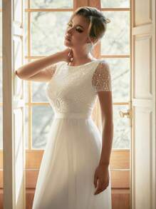 Simple Wedding Dress For Bride Round Neck Short Sleeve Contrast Sequin Mesh White Gown - White - View 6