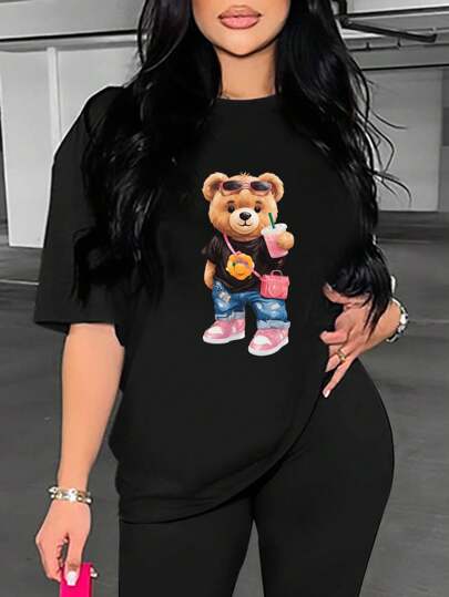 BamGleam 女士夏季卡通熊印花圆领短袖休闲 T 恤图案 T 恤女式上衣
