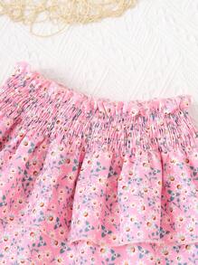 Conjunto de verano para niña joven que incluye top sin mangas de cuello halter y tanque de costilla sólido con falda con estampado floral pequeño y cintura elástica para vacaciones de ocio