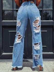 Distressed Frayed Hem Straight Leg Jeans - Light Wash - View 2