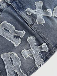 ROMWE Grunge Punk 女士十字绣流苏弹力洗水牛仔迷你裙，夏季 - 藍色 - 查看 3