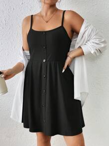 SHEIN Essnce Phụ nữ mùa xuân và mùa hè Plus Size Casual Kỳ nghỉ Thắt lưng Nút Sundress màu xanh lá cây - màu đen - Xem 5
