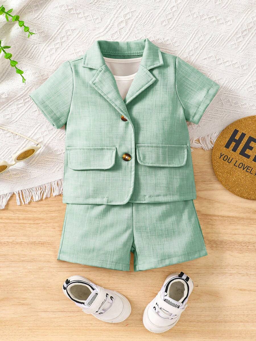 Baby Boy Cool Holiday Casual Xuân Hè Bộ 3 món, Suit, Quần short và áo phông, Trang phục dạo phố và hợp thời trang - màu xanh lá - Xem 1