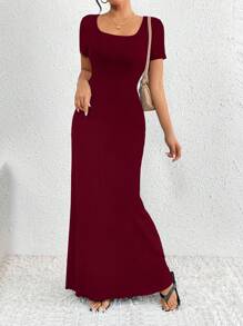 SHEIN Clasi 纯色方领优雅女式连衣裙 酒红色长款女式套装 - 酒紅色 - 查看 4