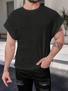 Manfinity Homme 男士圆领短袖休闲宽松纯色简约T恤 - 黑色 - 查看 5