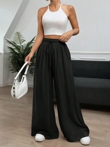 SHEIN EZwear Pantaloni largi pentru femei, primăvară/vară, de culoare uni, cu șnur