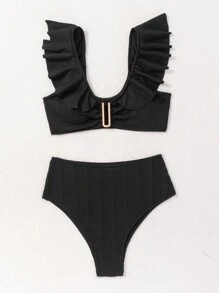 SHEIN Swim Bikini de verano para mujer con volantes simple y elegante con diseño combinado de liso y volantes para vacaciones - Negro - Ver 3
