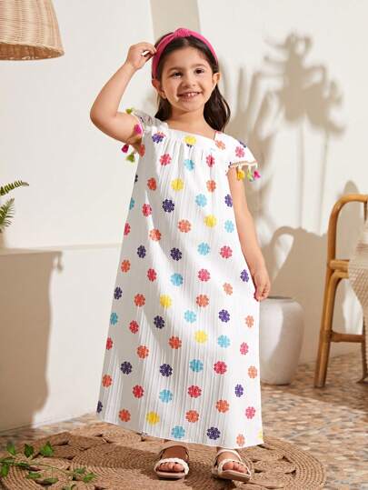 SHEIN Young Girl Sweet Holiday Colorful Full Print Fringe Decorated Dress