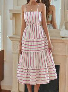 Chiquease 女性時尚條紋空心設計細肩帶連身裙 - 玫紅色 - 查看 4