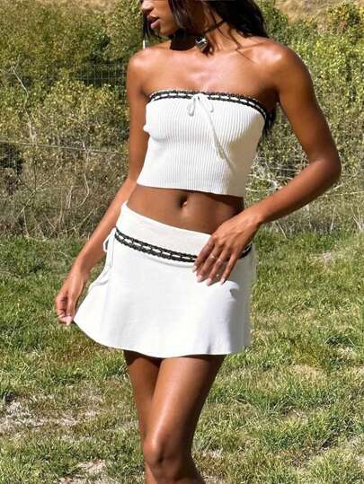 Spliced Lace Strapless Cropped Knit Top And Sweater Skirt Summer Vacation Two Pieces Set