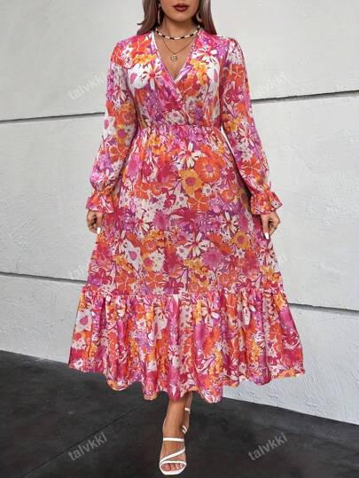 プラスサイズVネック フローラルプリントラップドレス