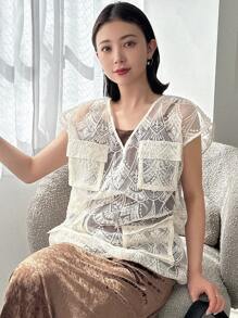 FRIFUL Áo cánh cổ chữ V in màu trơn cho nữ - Màu be - Xem 6
