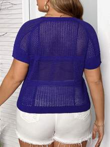 Breezaya Plus Size Women Solid Color Round Neck Perspective Pullover Knit Short Sleeve Top