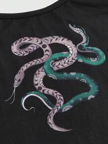 ROMWE Summer Gothic Sun Moon Star Snake Print Tank Top And Shorts Pajama Set - Black - View 7