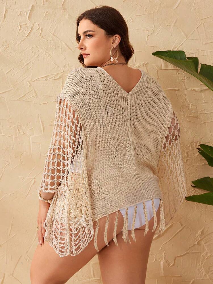 Plus Size Women Solid Color Hollow-Out Crochet Pullover Hoodie Summer