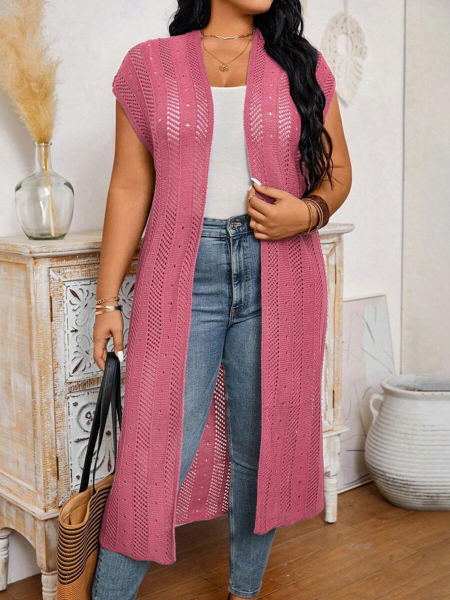 Calvaya Cardigan de talla grande primavera/verano suelto largo de mangas murciélago abierta al frente con diseño calado - Rosa Fucsia - Ver 1