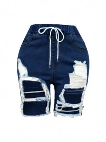 Women's Distressed Denim Shorts - Elastic Waist Ripped Shorts With Drawstring & Raw Hem, Sexy Stretch Mid Thigh Shorts For Women, Mature Chic Destroyed Jean Shorts - Rửa tối - Xem 6