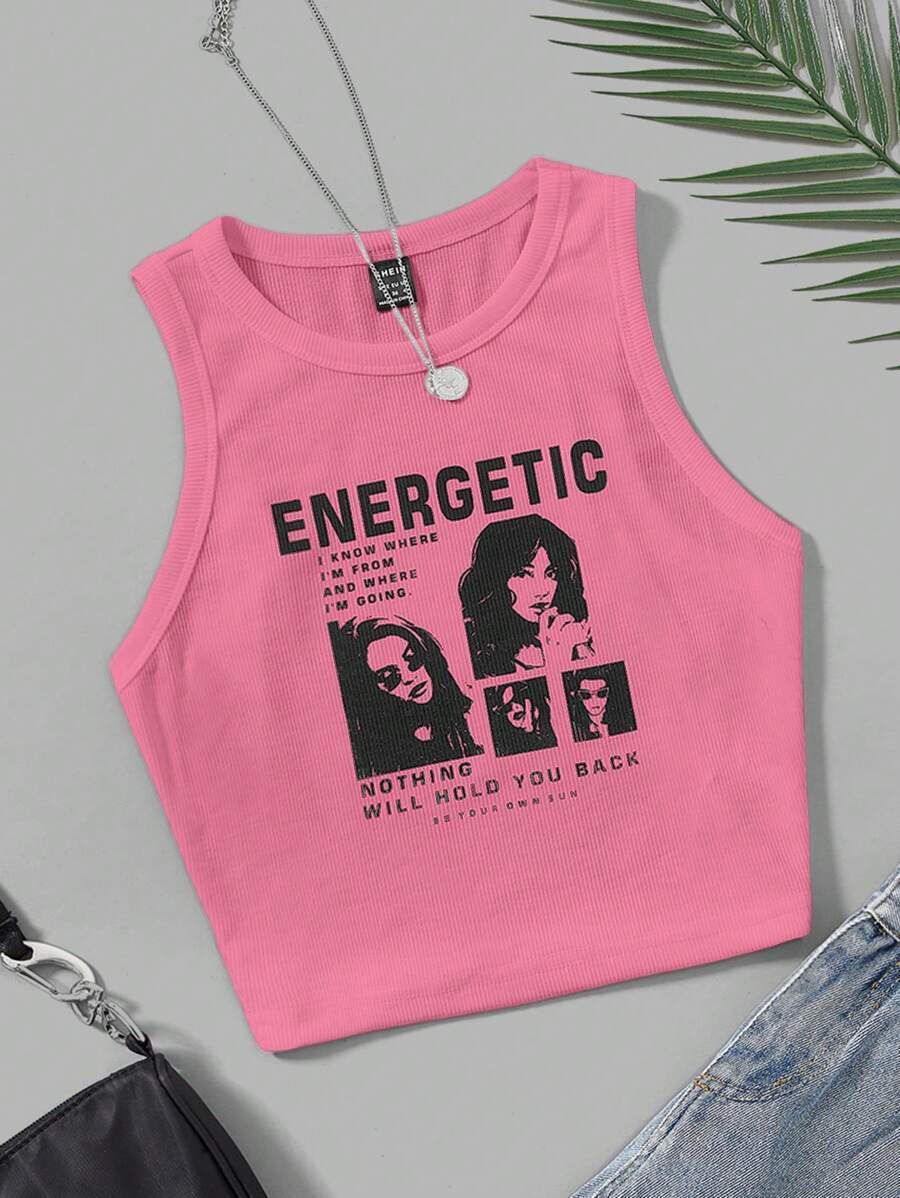 SHEIN EZwear 女士时尚针织印花修身无袖背心夏季活力四射我知道我来自哪里,要去哪里没有什么能阻挡你做你自己的太阳 - 粉色 - 查看 1